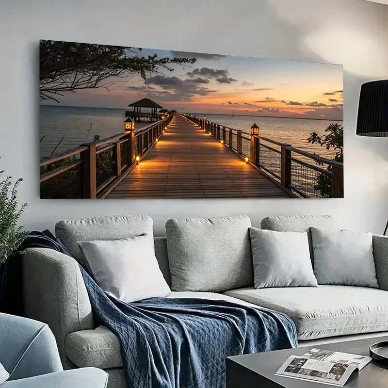 Sunset wooden Pier Lake wall canvas office home room framed 120x60cm - Bella Home Decor