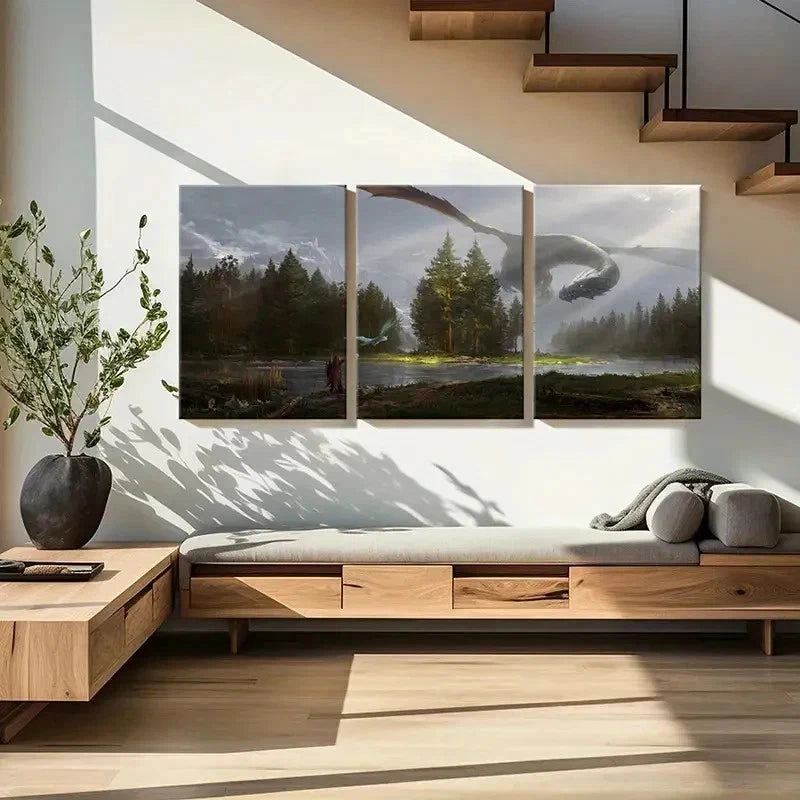 3pcs Magical Style Aesthetic Dragon Retro Wall Art Set Canvas Framed 40x60cm - High Quality Print 100% Australian Made Wall Canvas Ready to Hang