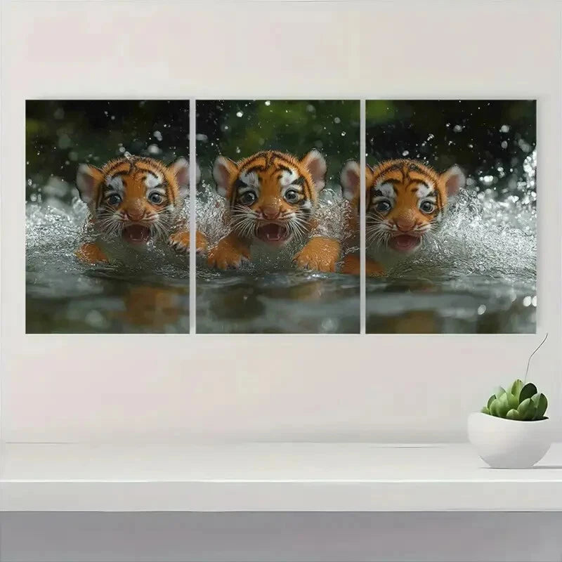 3pcs Vibrant Tiger Cub Swimming Scene Wildlife Metal Print Ready to Hang Art