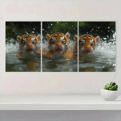 3pcs Vibrant Tiger Cub Swimming Scene Wildlife Metal Print Ready to Hang Art