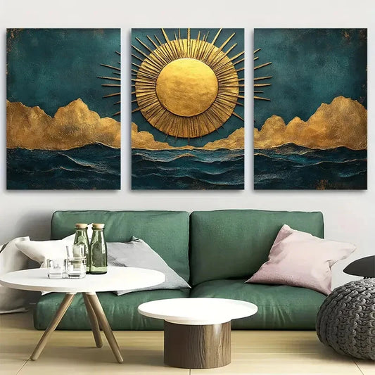 3pcs Golden Sunburst with Teal and Gold Design Metal Print Ready to Hang Art