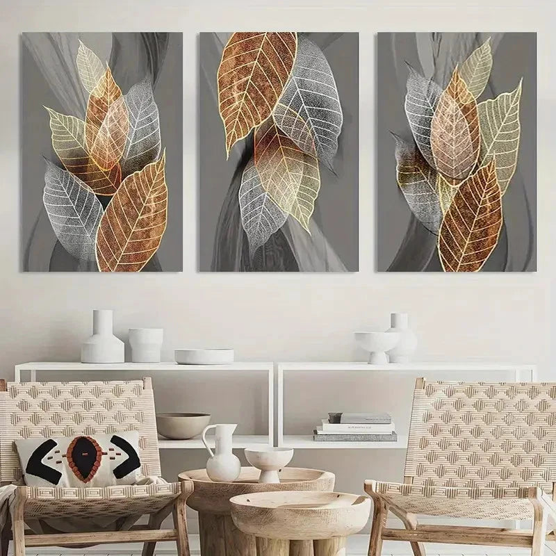 3pcs Black Paintings Abstract Leaves Artwork Metal Print Ready to Hang Art