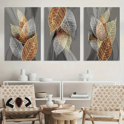 3pcs Black Paintings Abstract Leaves Artwork Metal Print Ready to Hang Art
