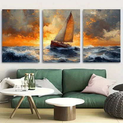 3pcs Brown Ship Sailing Ocean Metal Print Ready to Hang Art