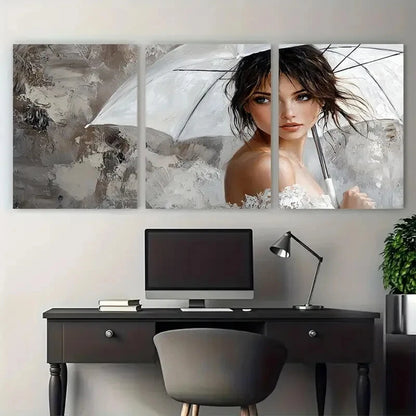 3pcs Woman with White Umbrella Modern Wall Art for Metal Print Ready to Hang Art