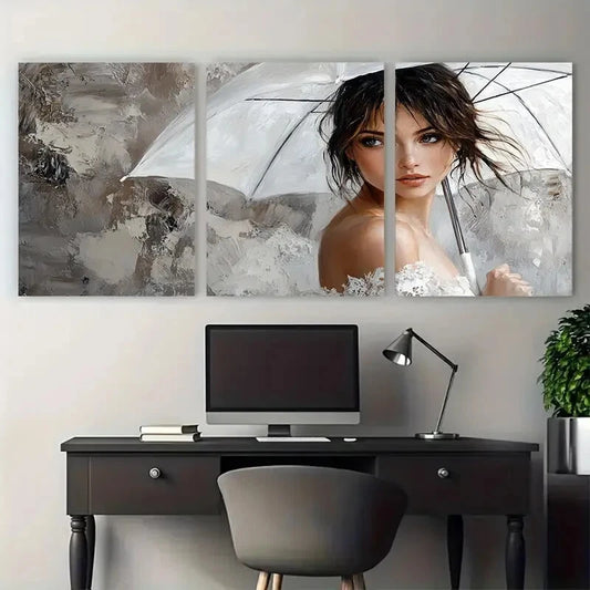 3pcs Woman with White Umbrella Modern Wall Art for Metal Print Ready to Hang Art