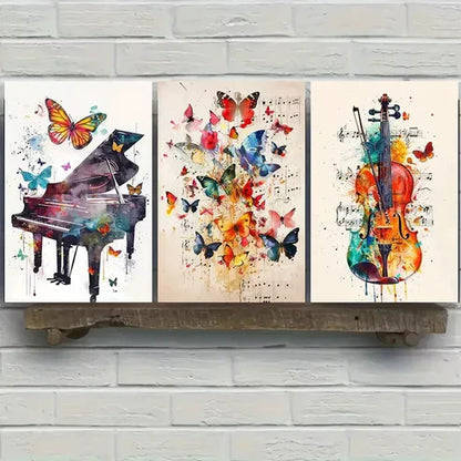 3pcs Butterfly Wings Piano Violin Canvas Framed 60x90cm - High Quality Print 100% Australian Made Wall Canvas Ready to Hang