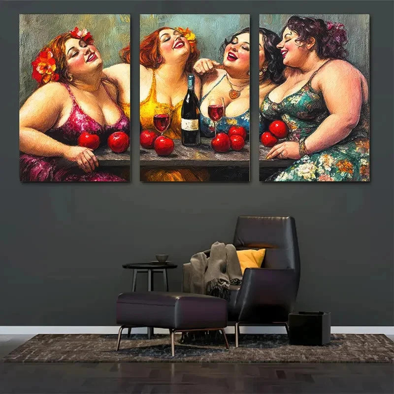 3pcs Energetic Woman with Wine and Apples Metal Print Ready to Hang Art