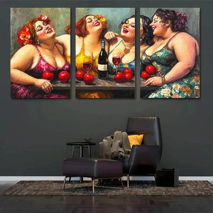3pcs Energetic Woman with Wine and Apples Metal Print Ready to Hang Art