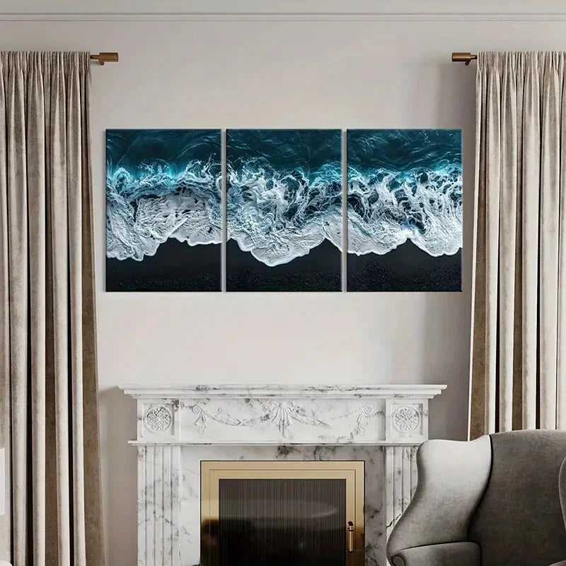 3pcs Ocean Waves Black Sand Beach Natural Lands Metal Print Ready to Hang Art