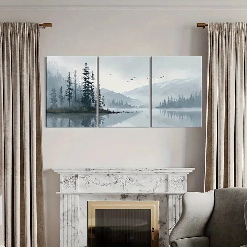 3pcs Serene Snowy Mountain Landscape Trees Metal Print Ready to Hang Art
