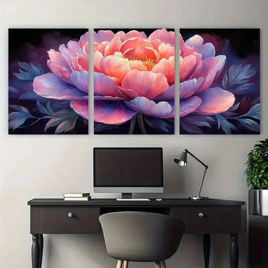 3pcs Elegant Peony Pink and Purple Floral Metal Print Ready to Hang Art