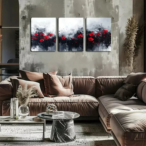 3pcs Black And White Background, Red Flowers Wall Art Set Wall Art Canvas Unframed - High Quality Print 100% Australian Made Wall Canvas