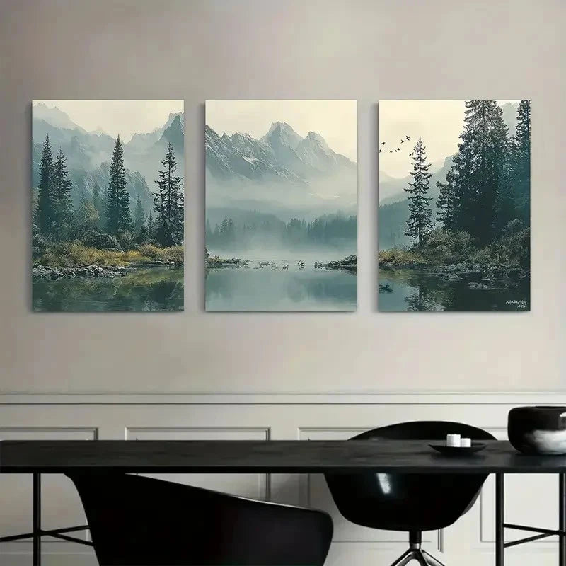 3pcs Serene Lake Surrounded by Pine Trees Metal Print Ready to Hang Art