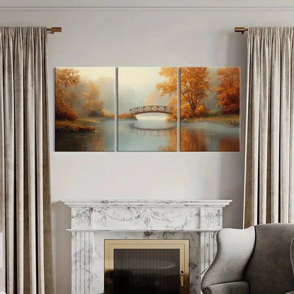 3pcs Autumn Scenery Bridge Reflection Metal Print Ready to Hang Art