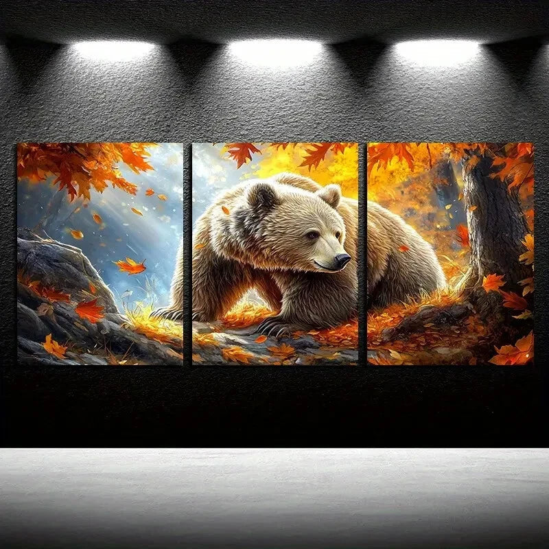 3pcs Bear in Autumnal Forest Scene with Leaves Metal Print Ready to Hang Art