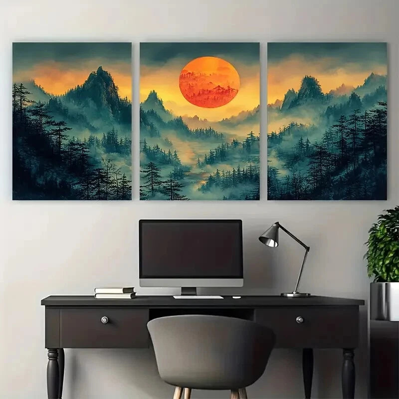 3pcs Misty Sunrise Forest Traditional Design Metal Print Ready to Hang Art