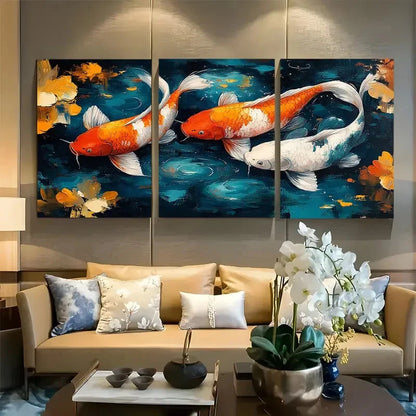 3pcs Colorful Koi Pond Vibrant Aquatic Design Metal Print Ready to Hang Art