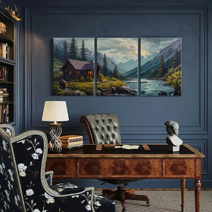 3pcs Rustic Mountain Cabin Bear & River Landscape Metal Print Ready to Hang Art