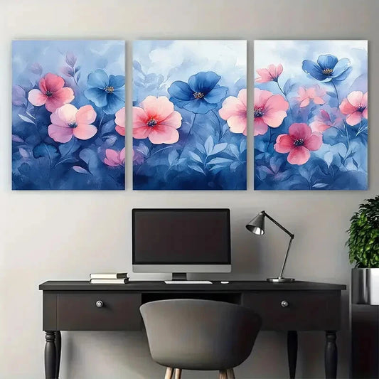 3pcs Abstract Garden Design in Blues Pinks Metal Print Ready to Hang Art
