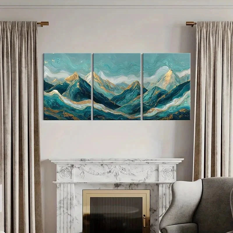 3pcs Abstract Mountain Landscape Golden Peaks Metal Print Ready to Hang Art