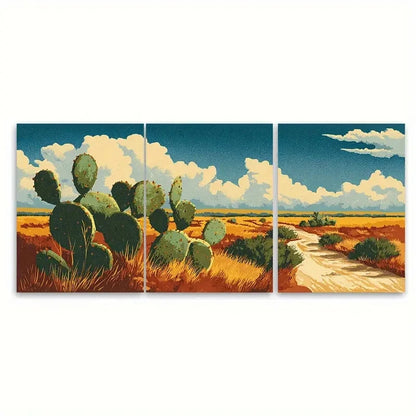 3pcs Texas Travel Cacti illustration Wall Art Set Canvas Framed 40x60cm - High Quality Print 100% Australian Made Wall Canvas Ready to Hang