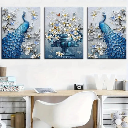 3pcs Blue Peacock And Flowers Elegant Metal Print Ready to Hang Art