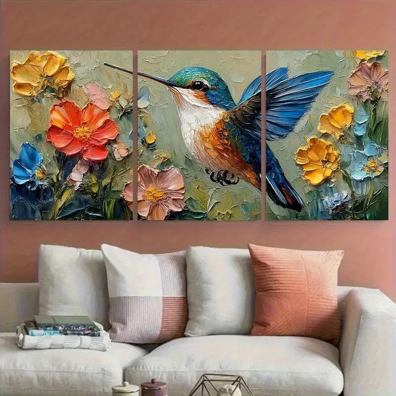 3pcs Hummingbird Small Bird Textured Design Metal Print Ready to Hang Art