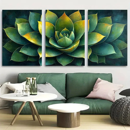 3pcs Green and Yellow Colors Agave Plant Close Up Metal Print Ready to Hang Art