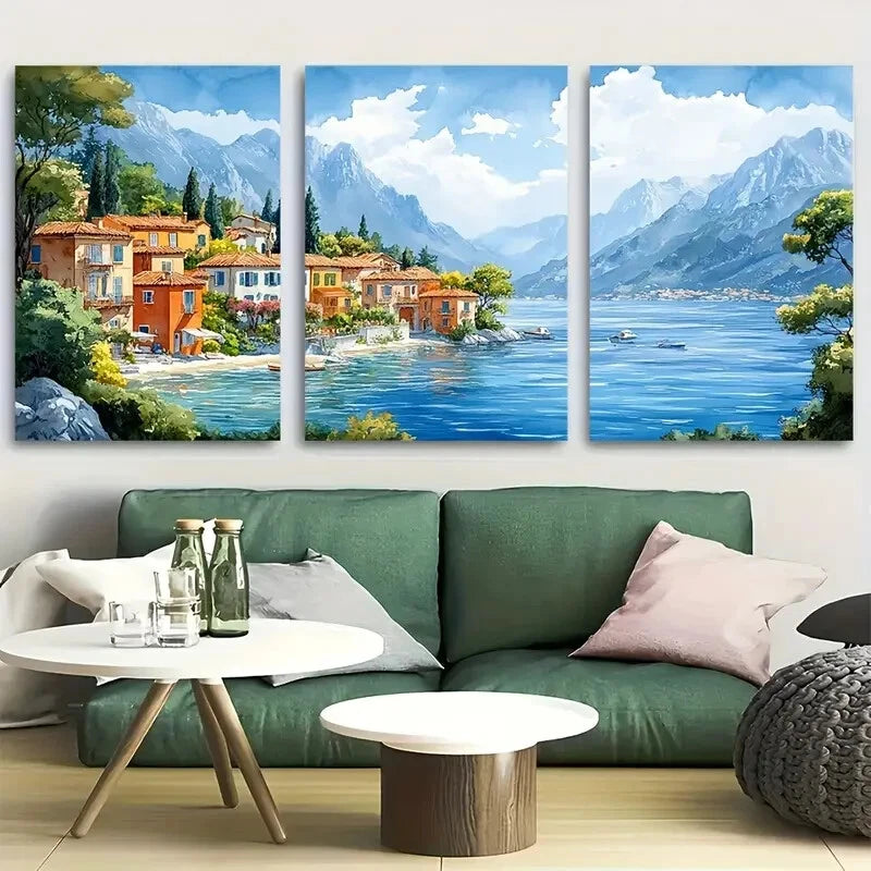 3pcs Coastal Mediterranean Seaside Village Metal Print Ready to Hang Art