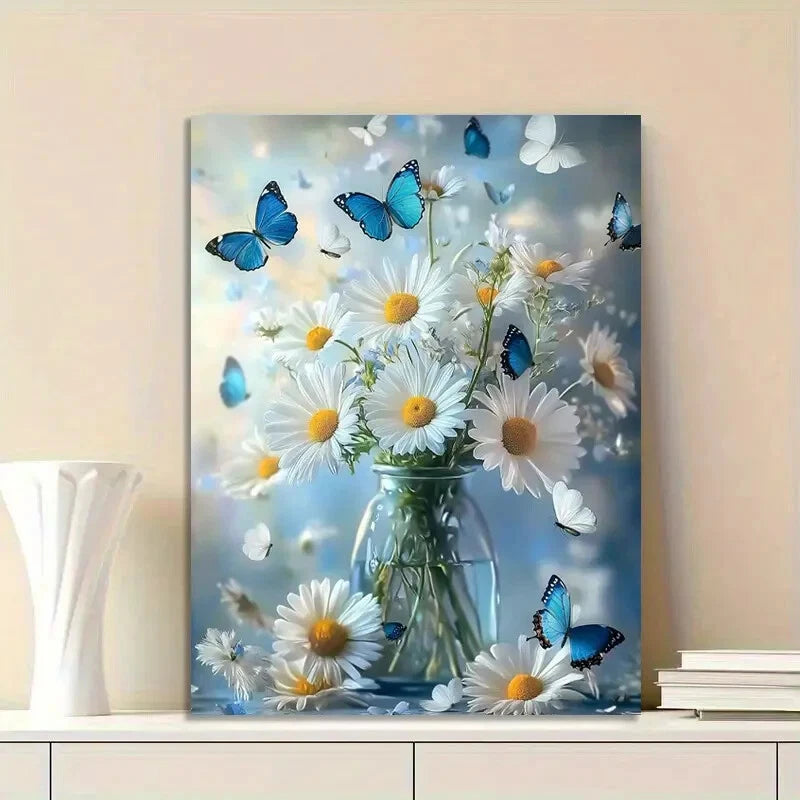 Elegant Daisy Bouquet in Glass Vase with Butterflies 40x60cm Metal Print Ready to Hang