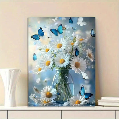 Elegant Daisy Bouquet in Glass Vase with Butterflies 40x60cm Metal Print Ready to Hang