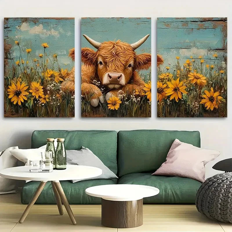 3pcs Youngsters Highland Cow Wildflower Meadow Metal Print Ready to Hang Art