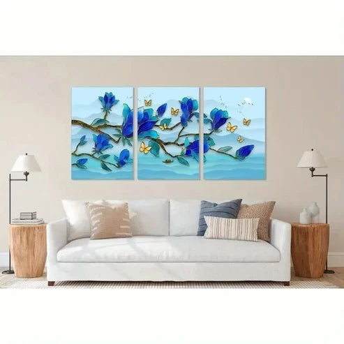 3pcs Blue & Yellow Magnolias Wall Art Canvas Unframed - High Quality Print 100% Australian Made Wall Canvas