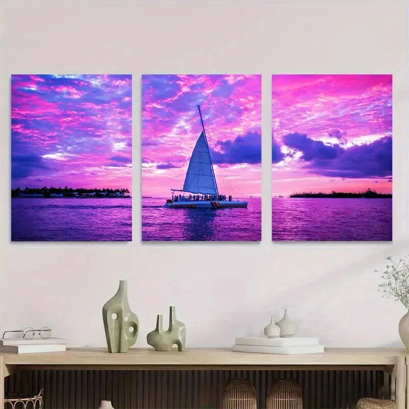 3pcs Vibrant Sunset Sailboat Triptych Bright Metal Print Ready to Hang Art