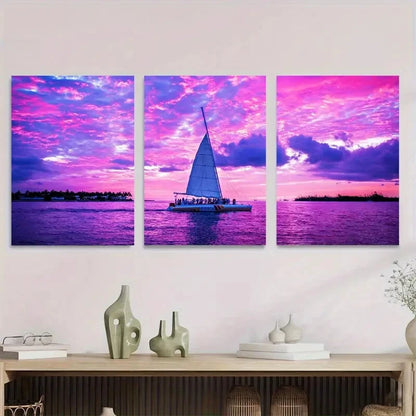 3pcs Vibrant Sunset Sailboat Triptych Bright Metal Print Ready to Hang Art