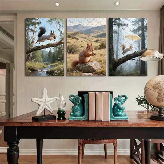3pcs Squirrel in Nature Scenes Metal Print Ready to Hang Art
