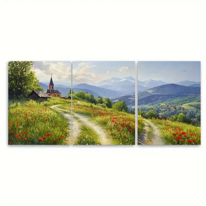 3pcs Classical Carpathians in Summer Wild Poppies Metal Print Ready to Hang Art
