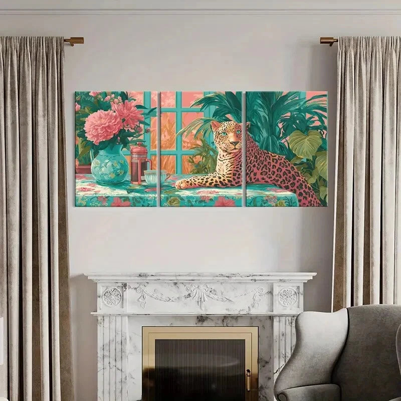 3pcs Vibrant Jungle Scene with Floral Arrangement Metal Print Ready to Hang Art