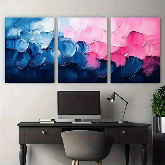 3pcs Abstract Blue Pink Brushstroke Design Wall Art Set Canvas Framed 40x60cm - High Quality Print 100% Australian Made Wall Canvas Ready to Hang