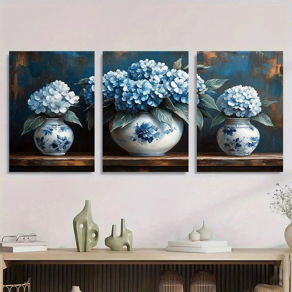 3pcs Elegant Vintage Blue & White Floral Metal Print Ready to Hang Art
