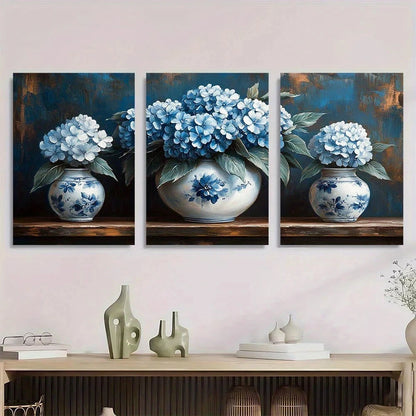 3pcs Elegant Vintage Blue & White Floral Metal Print Ready to Hang Art