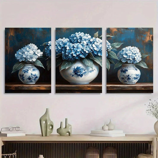 3pcs Elegant Vintage Blue & White Floral Metal Print Ready to Hang Art