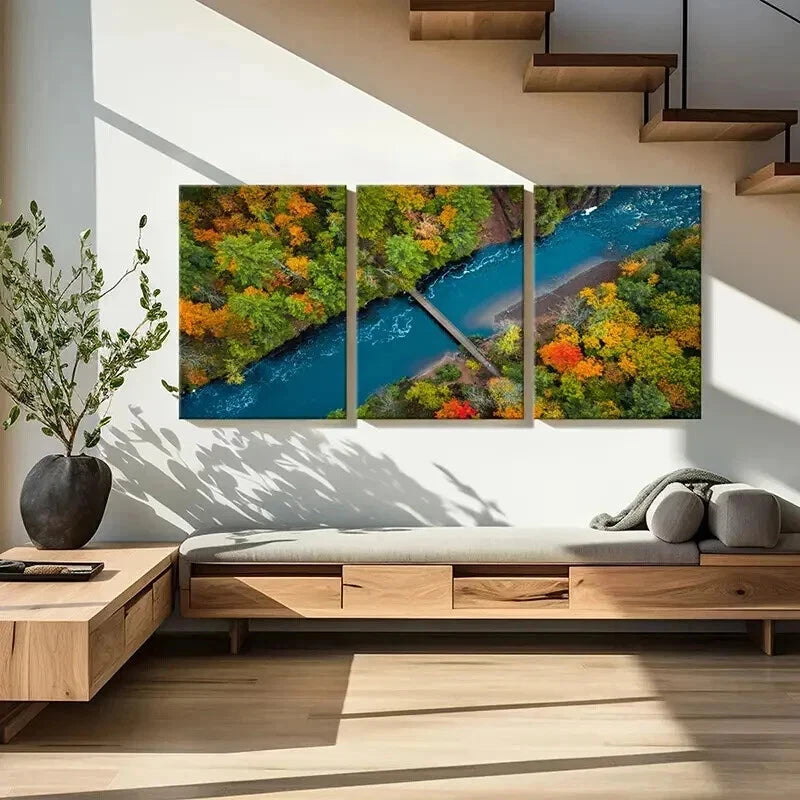 3pcs Modern Autumn Bridge Lake & Forest Wall Art Set Canvas Framed 40x60cm - High Quality Print 100% Australian Made Wall Canvas Ready to Hang