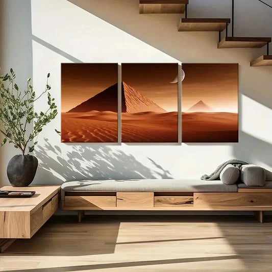 3pcs Pyramids Desert & Moon Landscape Wall Art Set Canvas Framed 40x60cm - High Quality Print 100% Australian Made Wall Canvas Ready to Hang