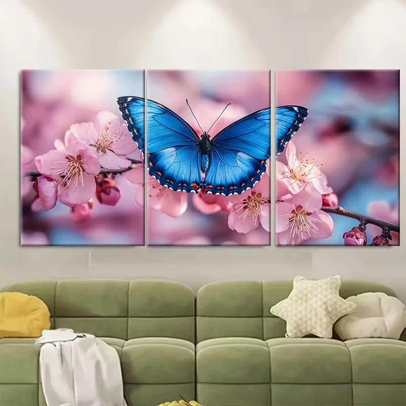 3pcs Curious Blue Butterfly on Apricot Blossoms Metal Print Ready to Hang Art