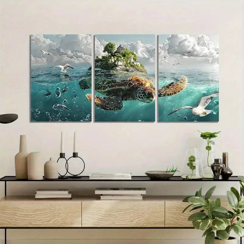 3pcs Abstract Turtle in the Ocean Metal Print Ready to Hang Art