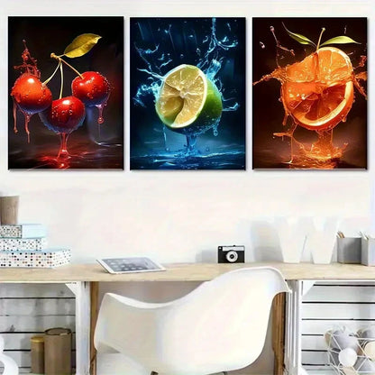 3pcs Orange and Cherry Water Droplet Design Metal Print Ready to Hang Art