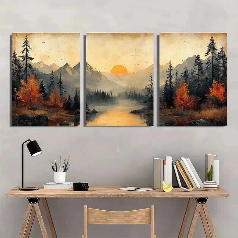 3pcs Vintage Autumn Mountain Landscape Metal Print Ready to Hang Art