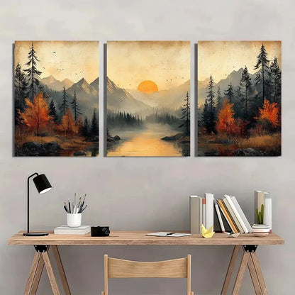 3pcs Vintage Autumn Mountain Landscape Metal Print Ready to Hang Art